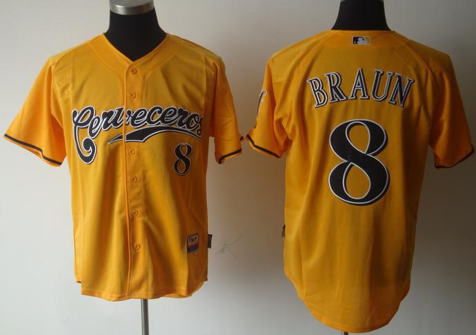 Cheap Milwaukee Brewers 8 Braun Yellow Cool Base MLB Jerseys For Sale