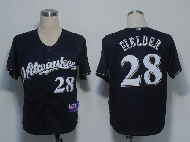 Cheap Milwaukee Brewers 28 Fielder Dark Blue Cool Base MLB Jerseys(M) For Sale