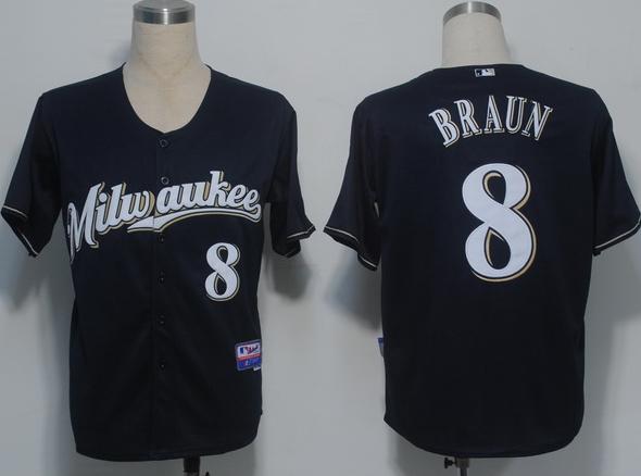 Milwaukee Brewers 8 Braun Dark Blue Cool Base MLB Jerseys(M)