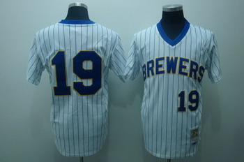 Milwaukee Brewers 19 Robin Yount White (blue strip)Jerseys Throwback