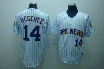 Cheap Milwaukee Brewers 14 Casey mcgehee white jerseys (blue stripe) For Sale