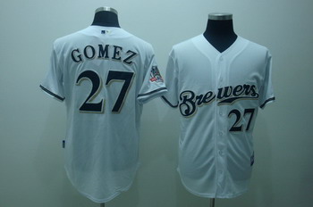 Milwaukee Brewers 27 Carlos gomez white cool base Jerseys 40th patch