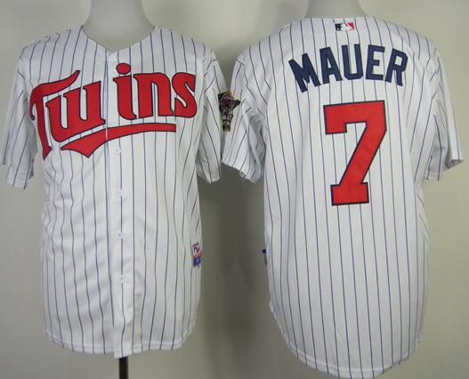Cheap Minnesota Twins 7 Joe Mauer White Blue Strip MLB Jersey For Sale