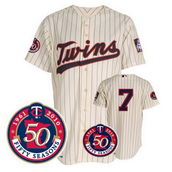 Minnesota Twins 7 Joe Mauer Cream Jersey w50th Patch