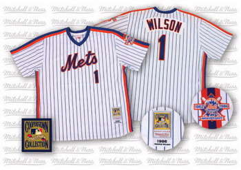 New York Mets 1 Mookie Wilson White Jerseys Mitchell and Ness