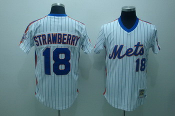New York Mets 18 Darryl strawberry white blue strip Jerseys Mitchell and ness