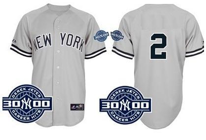 Cheap New York Yankees 2 Derek Jeter Grey 3000 Hits Patch Jersey Without Name For Sale