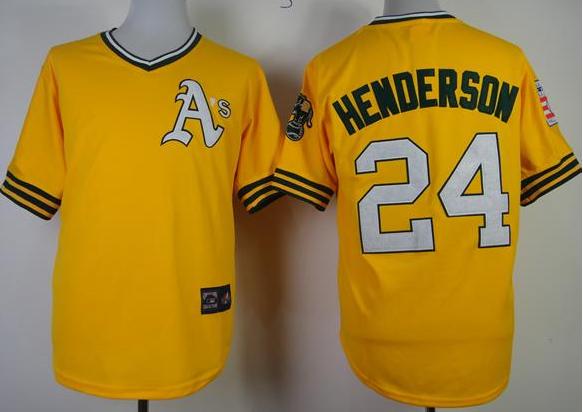 Oakland Athletics 24 Ricky Henderson 1968 M&N Throwback Yellow MLB Jerseys
