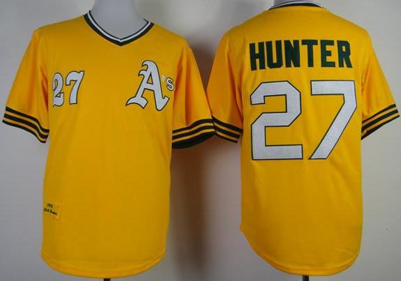 Oakland Athletics 27 Catfish Hunter 1968 M&N Throwback Yellow MLB Jerseys