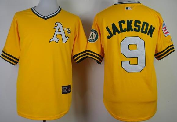Cheap Oakland Athletics 9 Reggie Jackson 1968 M&N Throwback Yellow MLB Jerseys For Sale