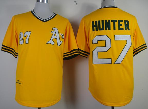 Cheap Oakland Athletics 27 Catfish Hunter 1968 M&N Throwback Yellow MLB Jerseys For Sale