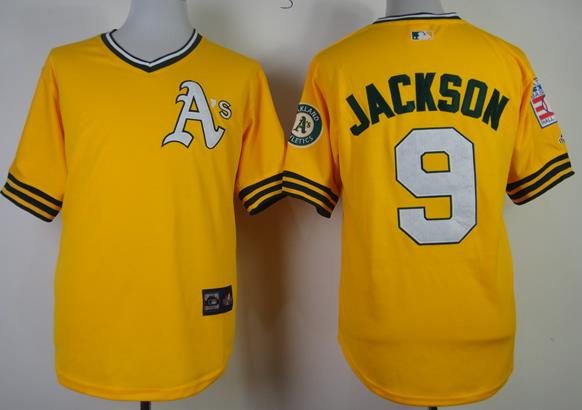 Cheap Oakland Athletics 9 Reggie Jackson 1968 M&N Throwback Yellow MLB Jerseys For Sale