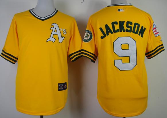 Oakland Athletics 9 Reggie Jackson 1968 M&N Throwback Yellow MLB Jerseys