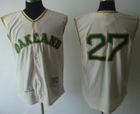 Oakland Athletics 27 Catfish Hunter Cream 1968 Throwback Vest Jerseys
