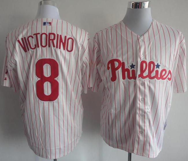 Philadelphia Phillies 8 Shane Victorino White Red Strip MLB Jerseys