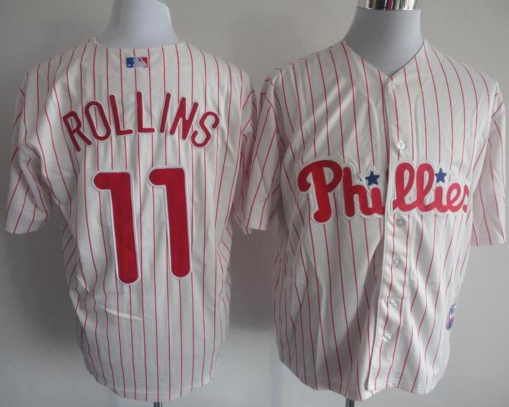 Cheap Philadelphia Phillies 11 Jimmy Rollins White Red Strip MLB Jerseys For Sale