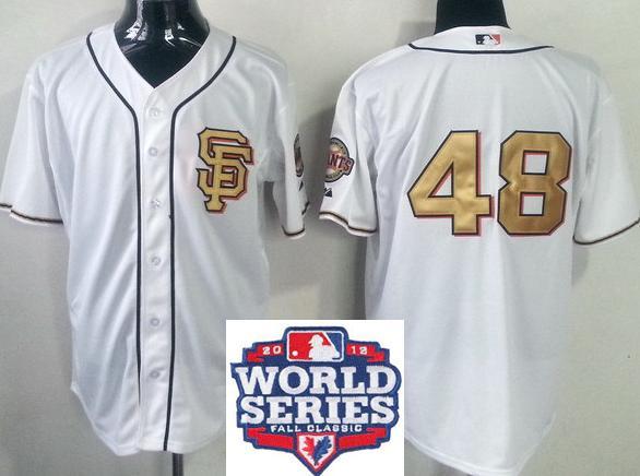 Cheap San Francisco Giants 48 Pablo Sandoval Cream Gold Number 2012 World Series Patch MLB Jersey For Sale