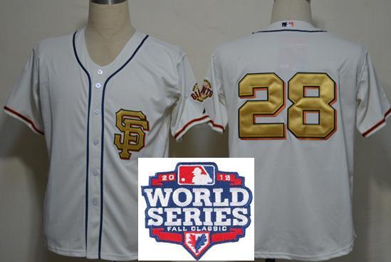 San Francisco Giants 28 Buster Posey Cream Gold Number 2012 World Series Patch MLB Jersey