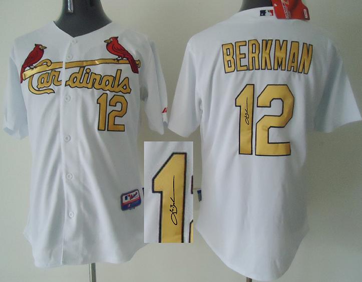 Cheap St. Louis Cardinals 12 Lance Berkman White Gold Number Sined MLB Baseball Jersey For Sale