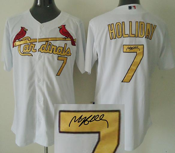 Cheap St. Louis Cardinals 7 Matt Holliday White Gold Number Sined MLB Baseball Jersey For Sale