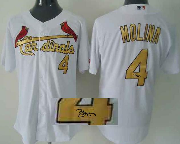 Cheap St. Louis Cardinals 4 Yadier Molina White Gold Number Sined MLB Baseball Jersey For Sale