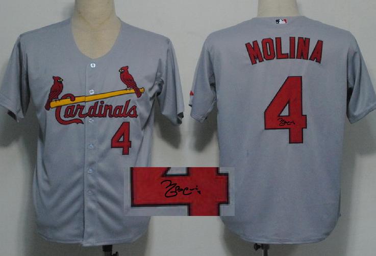 Cheap St. Louis Cardinals 4 Yadier Molina Grey Sined MLB Baseball Jersey For Sale