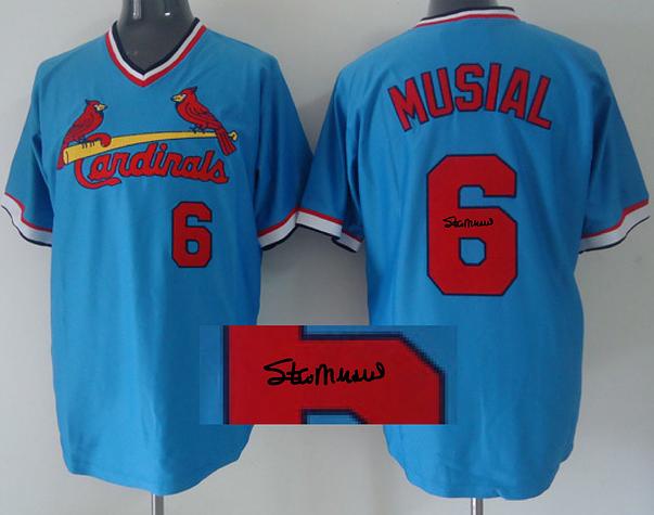 Cheap St. Louis Cardinals 6 Stan Musial Blue Sined MLB Baseball Jersey For Sale