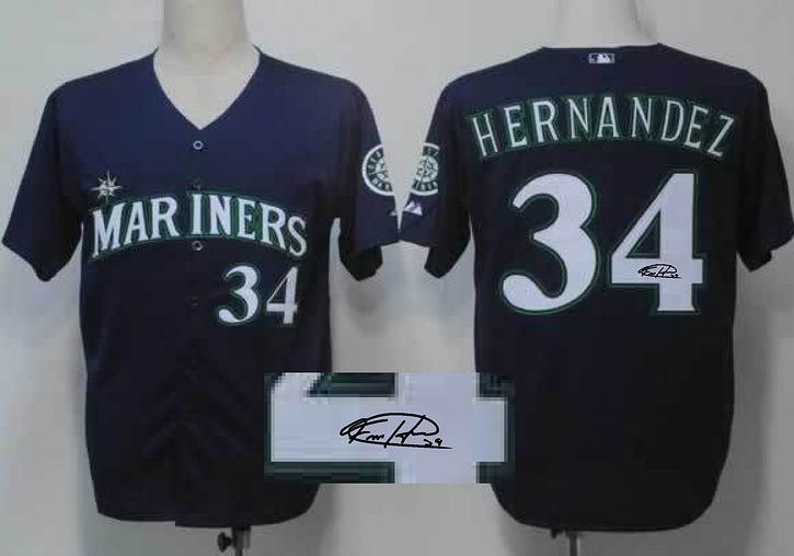 Cheap Seattle Mariners 34 Felix Hernandez Blue Sined MLB Baseball Jersey For Sale