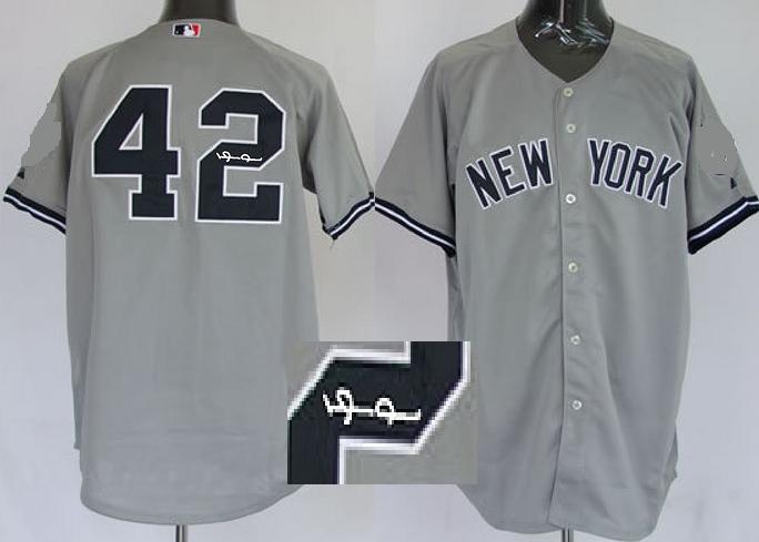 Cheap New York Yankees 42 Mariano River Grey Sined MLB Baseball Jersey For Sale