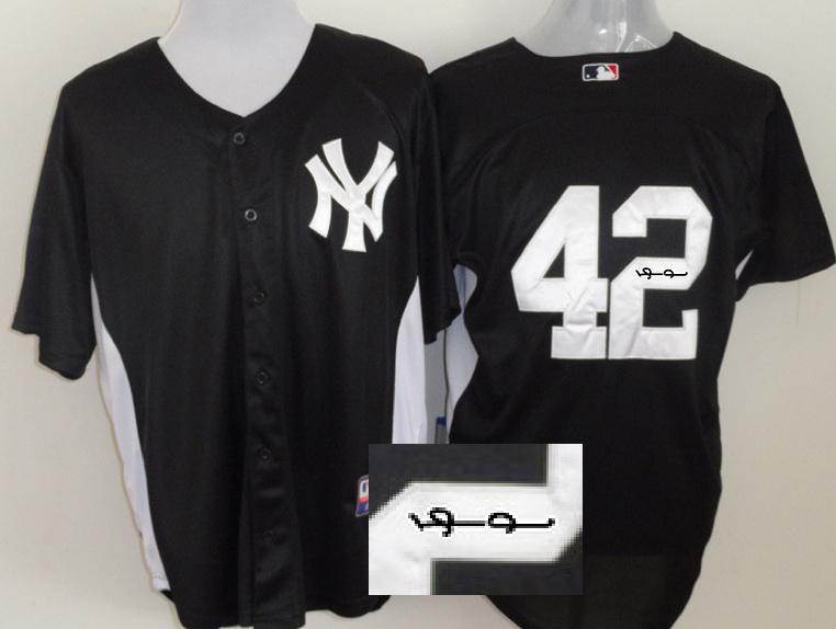 Cheap New York Yankees 42 Mariano River Blue Sined MLB Baseball Jersey For Sale