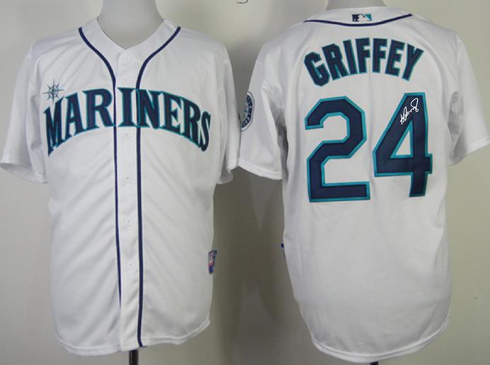 Cheap Seattle Mariners 24 Ken Griffey White Sined MLB Baseball Jersey For Sale
