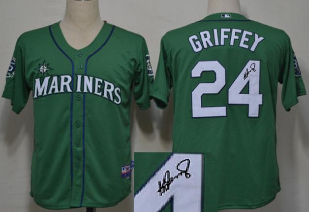 Cheap Seattle Mariners 24 Ken Griffey Green Sined MLB Baseball Jersey For Sale