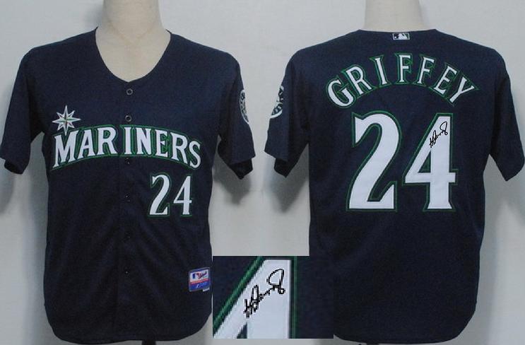 Cheap Seattle Mariners 24 Ken Griffey Blue Sined MLB Baseball Jersey For Sale