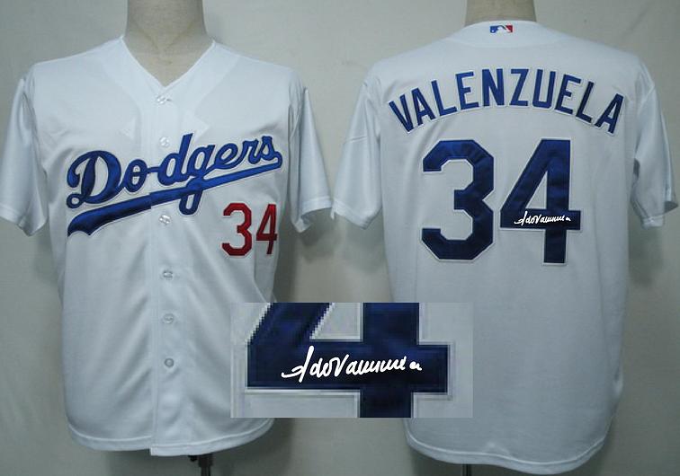 Cheap Los Angeles Dodgers 34 Fernando Valenzuela White Sined MLB Baseball Jersey For Sale