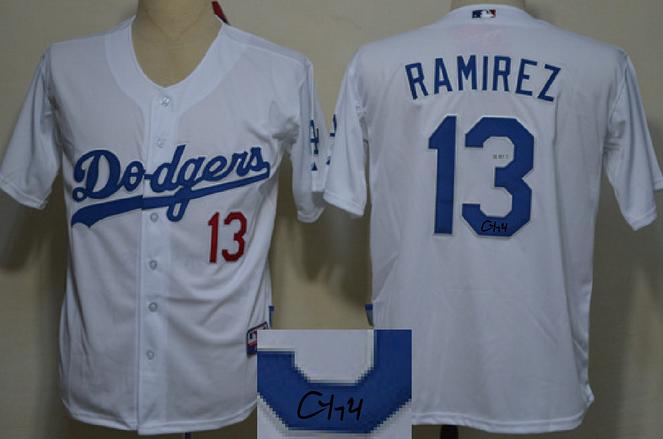 Cheap Los Angeles Dodgers 13 Hanley Ramirez White Sined MLB Baseball Jersey For Sale