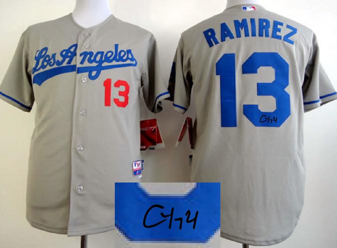 Cheap Los Angeles Dodgers 13 Hanley Ramirez Grey Sined MLB Baseball Jersey For Sale
