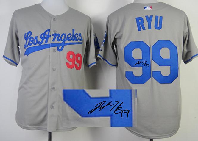 Cheap Los Angeles Dodgers 99 Hyun Jin Ryu Grey Sined MLB Baseball Jersey For Sale