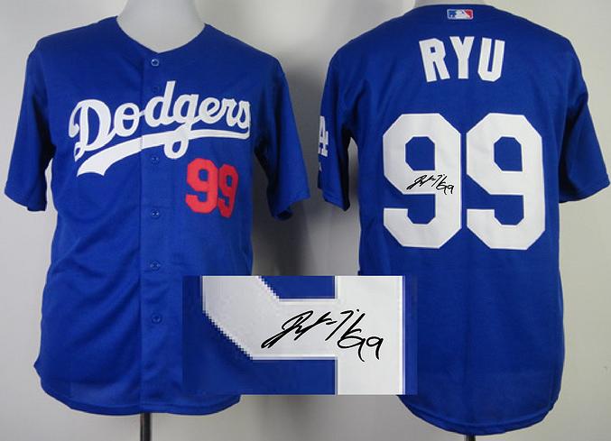 Cheap Los Angeles Dodgers 99 Hyun Jin Ryu Blue Sined MLB Baseball Jersey For Sale