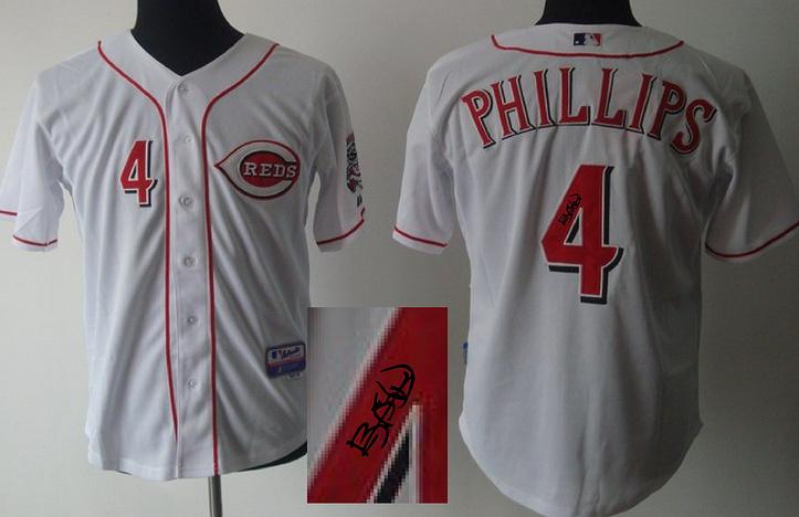 Cheap Cincinnati Reds 4 Brandon Phillips White Sined MLB Baseball Jersey For Sale