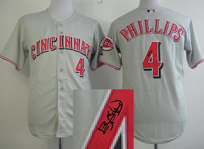 Cheap Cincinnati Reds 4 Brandon Phillips Grey Sined MLB Baseball Jersey For Sale