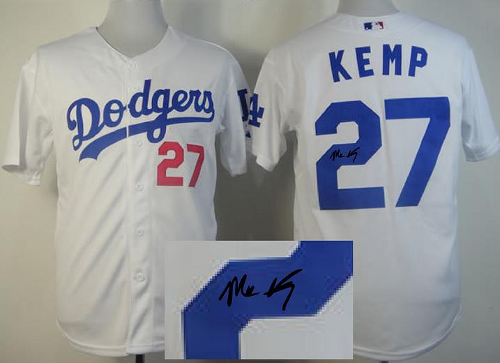 Cheap Los Angeles Dodgers 27 Matt Kemp White Sined MLB Baseball Jersey For Sale
