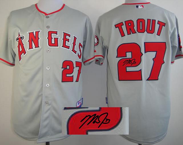 Cheap Los Angeles Angels #27 Mike Trout Grey Sined MLB Baseball Jersey For Sale