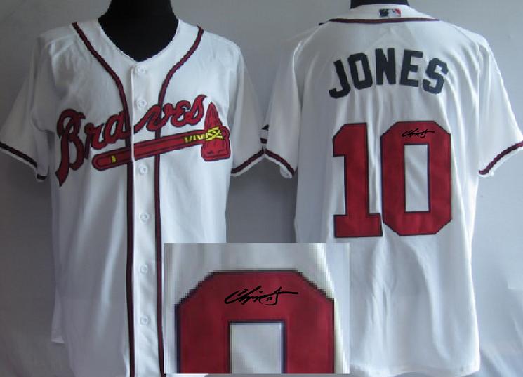 Cheap Atlanta Braves 10 Chipper Jones White Sined MLB Baseball Jersey For Sale