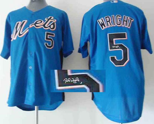 Cheap New York Mets 5# David Wright Blue Sined MLB Baseball Jersey For Sale
