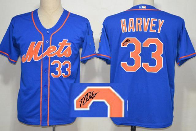 Cheap New York Mets 33 Matt Harvey Blue Sined MLB Baseball Jersey For Sale