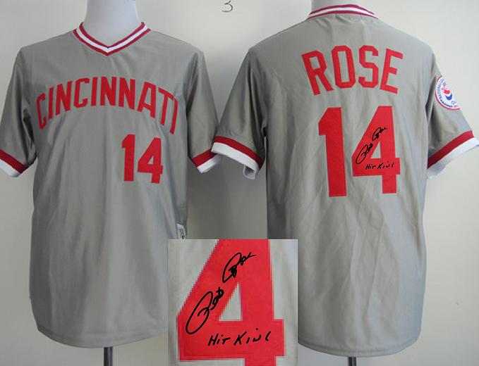 Cheap Cincinnati Reds 14 Pete Rose Grey Sined MLB Baseball Jersey For Sale
