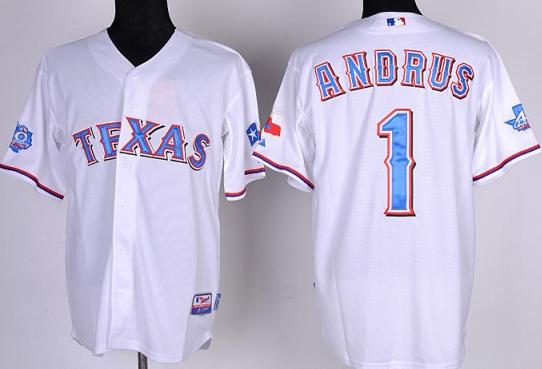 Cheap Texas Rangers 1 Elvis Andrus White Cool Base Jersey w 40th Anniversary Patch For Sale