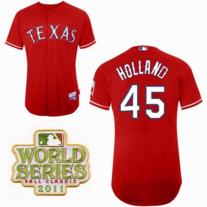 Cheap Texas Rangers 45 Derek Holland Red 2011 World Series Fall Classic MLB Jerseys For Sale