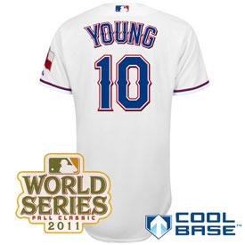 Cheap Texas Rangers 10 Michael Young 2011 World Series Fall Classic White Jersey For Sale
