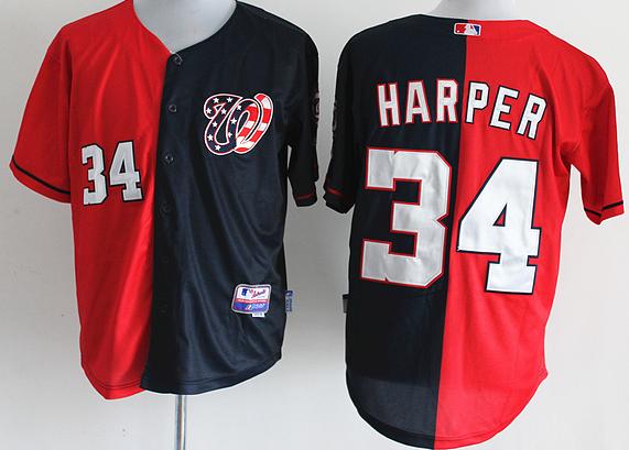 Cheap Washington Nationals 34 Harper Blue Red Split MLB Baseball Jerseys For Sale